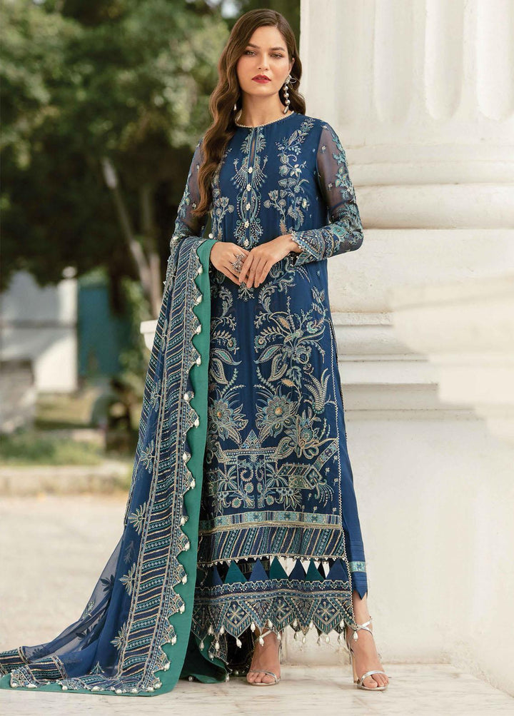 La Fuchsia By Afrozeh Embroidered Chiffon Suits Unstitched 3 Piece AF22LF Stellar Blue - Luxury Collection