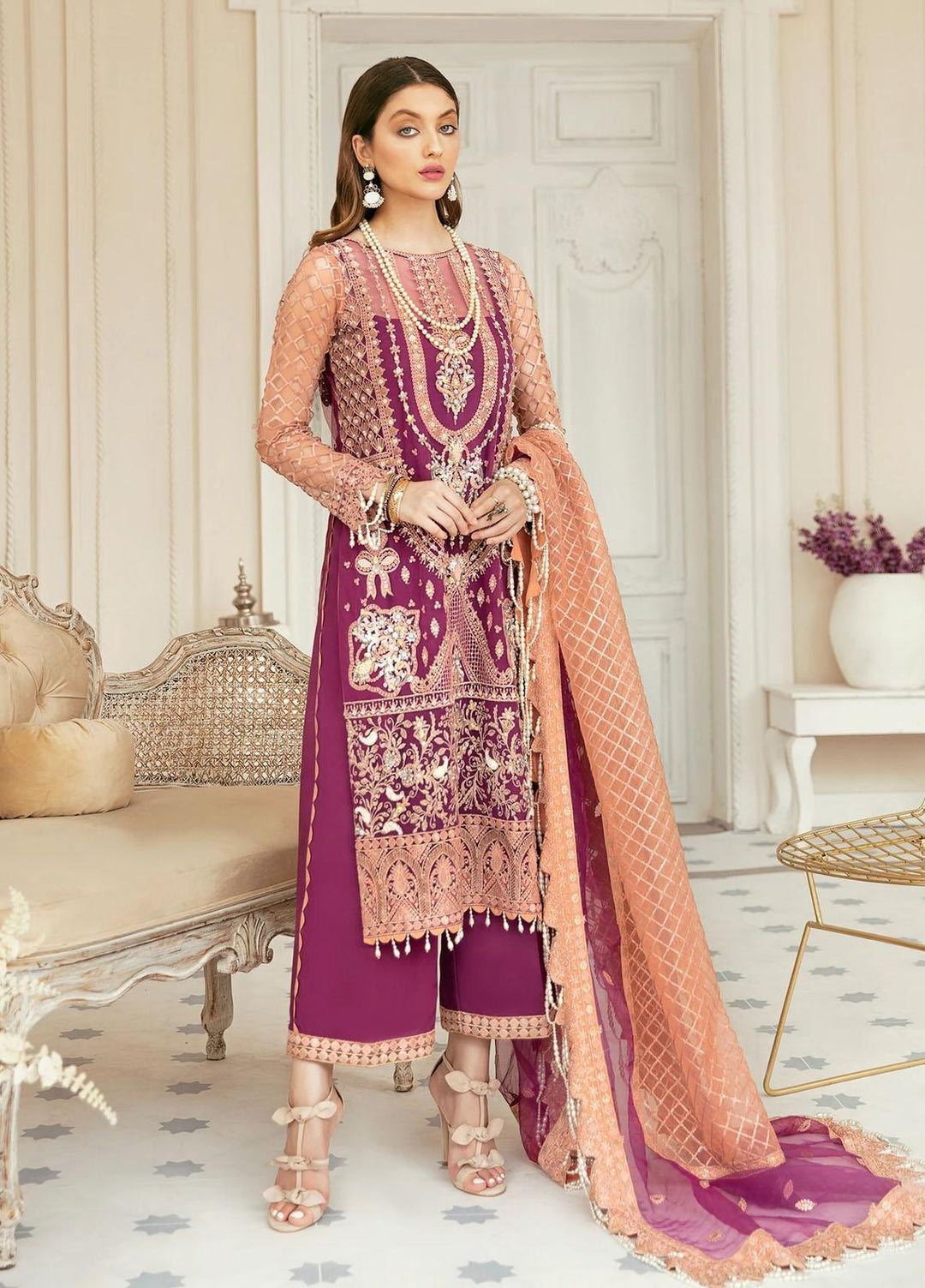 Akbar Aslam Embroidered Net Suits Unstitched 3 Piece AA22F CYPRUS - Luxury Formals Collection