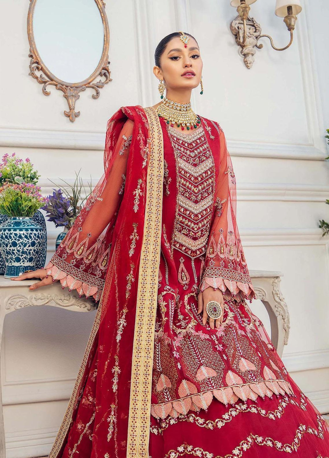 Akbar Aslam Embroidered Net Suits Unstitched 3 Piece AA22F CARNELIAN - Luxury Formals Collection