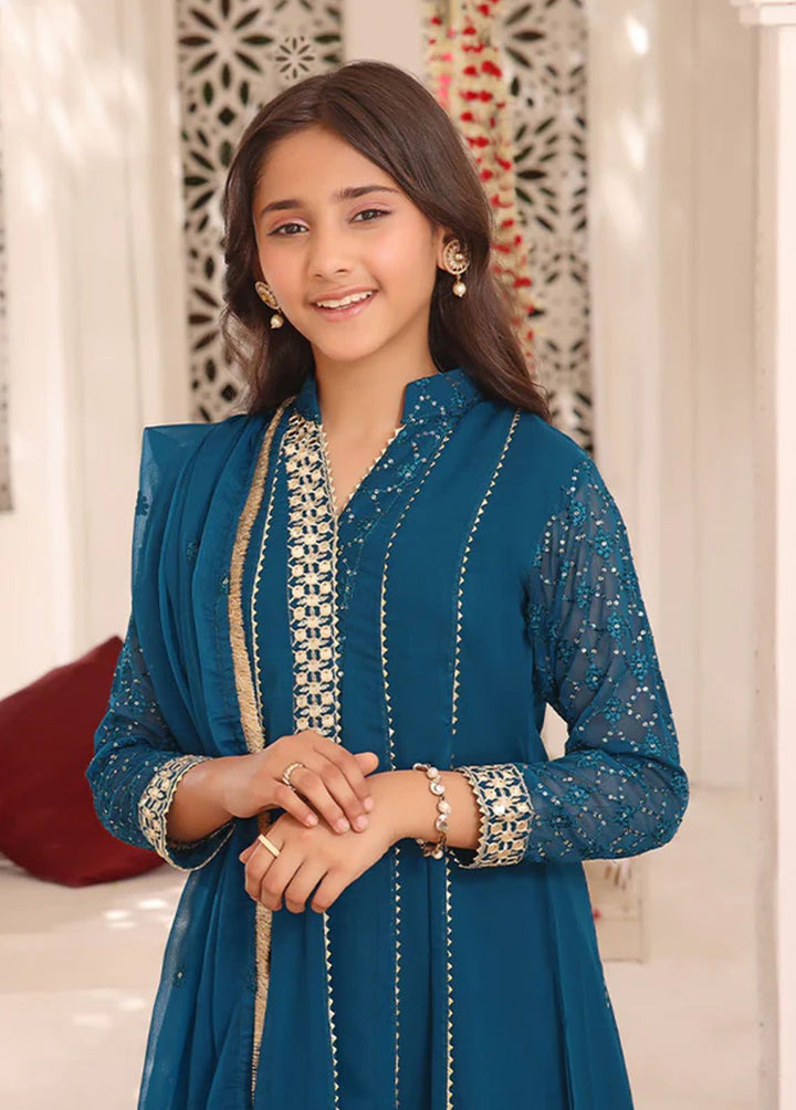 Al Harir Apparel Pret Embroidered Chiffon 3 Piece Suit Zarif Kids Peacock