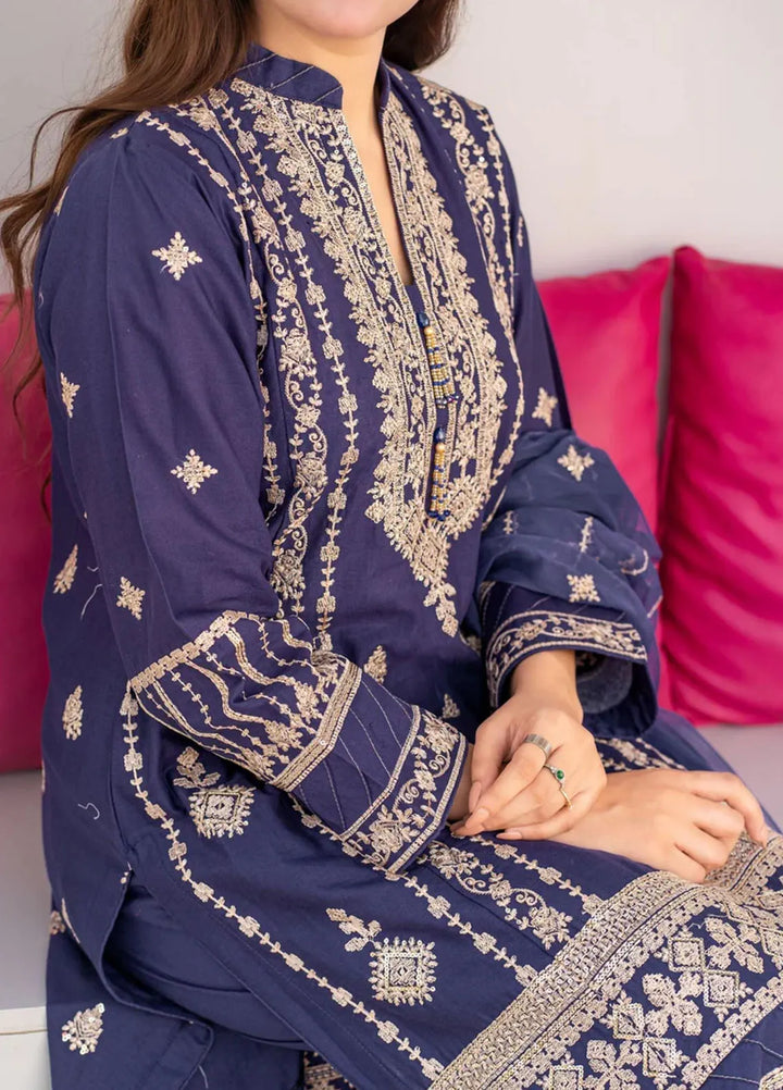 Al Harir Pret Embroidered Cotton 3 Piece Suit Royal Ink Blue