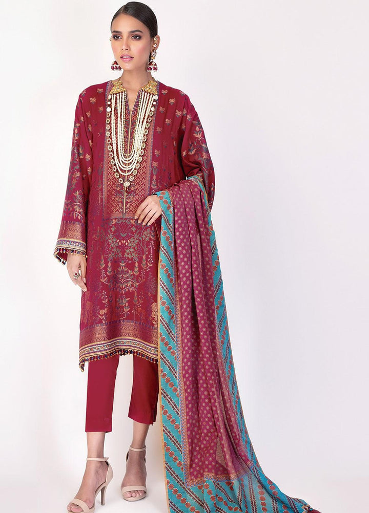 Al Karam Embroidered Jacquard Suits Unstitched 3 Piece AK21F-2 FC-03A-21-2 Ruby Red - Summer Collection