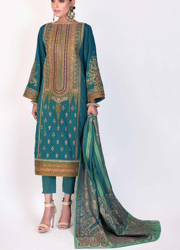 Al Karam Embroidered Cotton Satin Suits Unstitched 3 Piece AK21F-2 FC-08D-21-2-Turquoise - Festive Collection