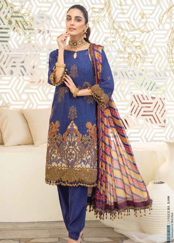 Al Karam Embroidered Slub Suits Unstitched 3 Piece AK21FW FC-W-11D-21-3-Blue - Winter Collection
