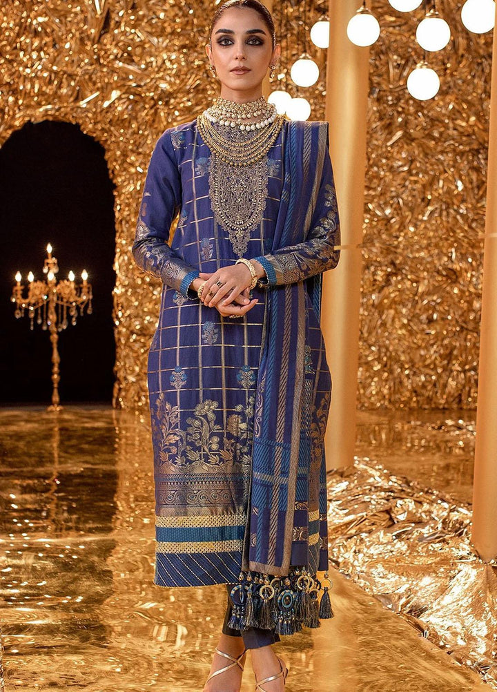 Al Karam Embroidered Jacquard Suits Unstitched 3 Piece AK22FW FC-W-5B-22-3-Ink Blue - Festive Collection