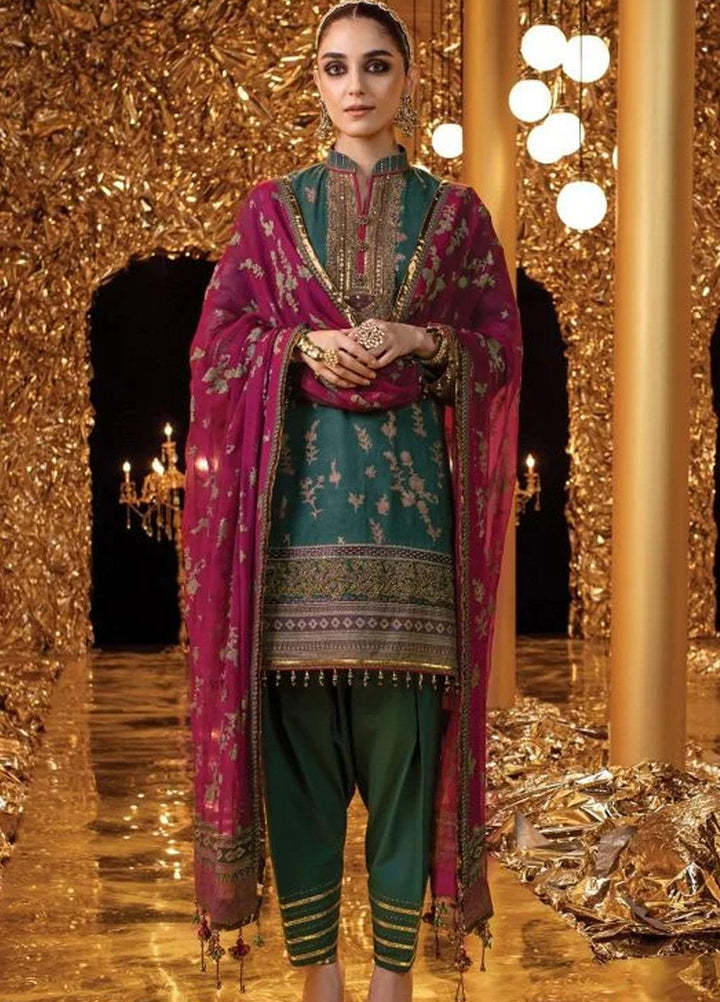 Al Karam Embroidered Lawn Suits Unstitched 3 Piece AK22FW FC-W-9C-22-3-Emerald Green - Festive Collection