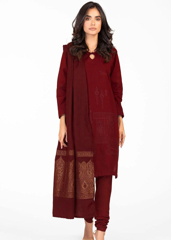 Al Karam Embroidered Khaddar Suits Unstitched 3 Piece AK22FW FW-1.1-22-Maroon - Festive Collection