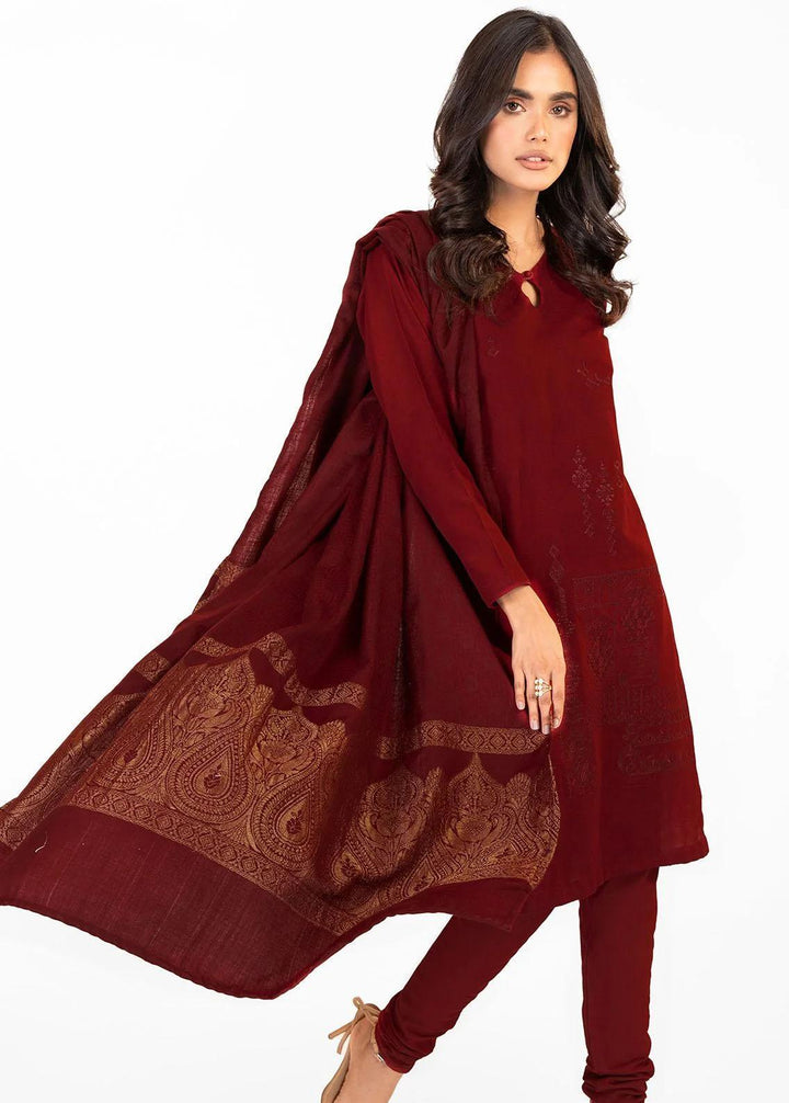 Al Karam Embroidered Khaddar Suits Unstitched 3 Piece AK22FW FW-1.1-22-Maroon - Festive Collection