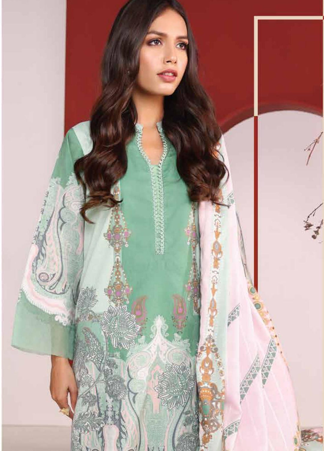Al Karam Printed Cambric Suits Unstitched 3 Piece AK21MS-MS-01-21-Mint - Summer Collection