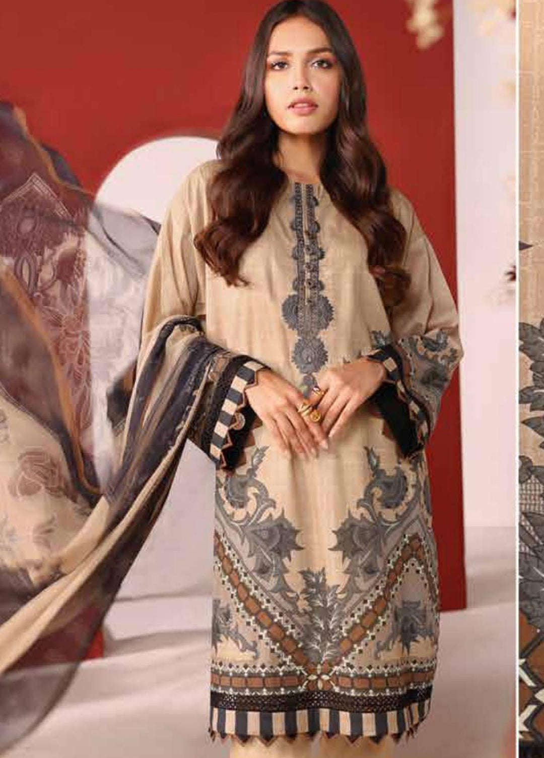 Al Karam Embroidered Cambric Suits Unstitched 3 Piece AK21MS-MS-02-21-Beige - Summer Collection