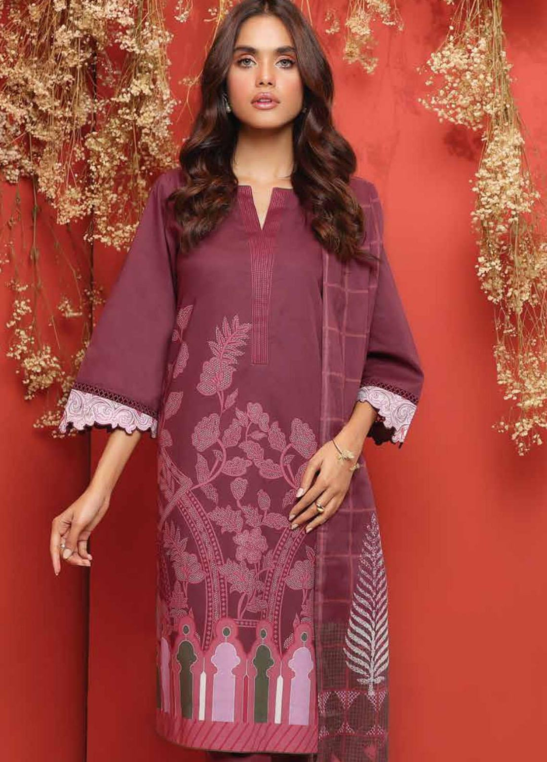 Al Karam Printed Cambric Suits Unstitched 3 Piece AK21MS-MS-06-21-Maroon - Summer Collection