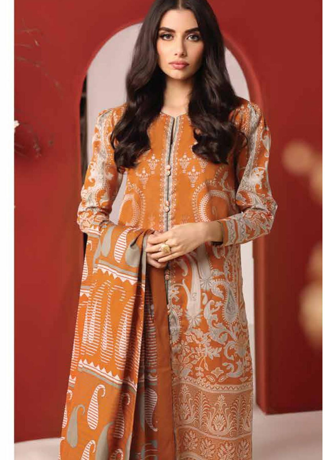 Al Karam Printed Cambric Suits Unstitched 3 Piece AK21MS-MS-07-21-Orange - Summer Collection
