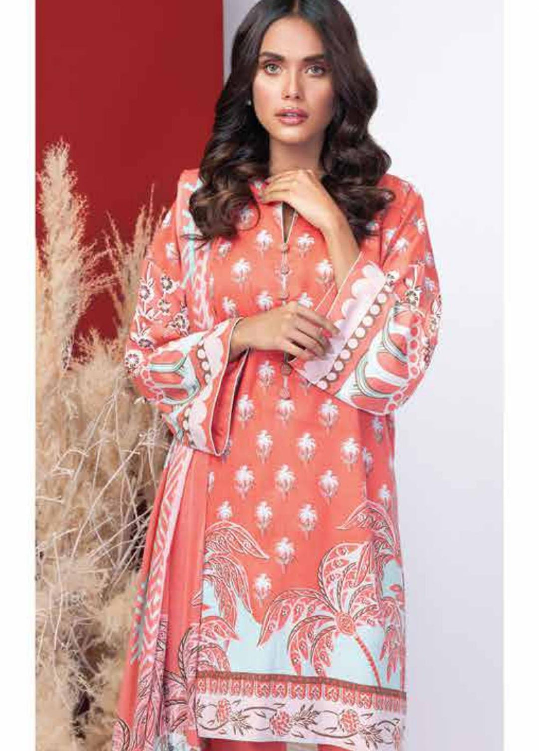 Al Karam Printed Cambric Suits Unstitched 3 Piece AK21MS-MS-09-21-Coral - Summer Collection
