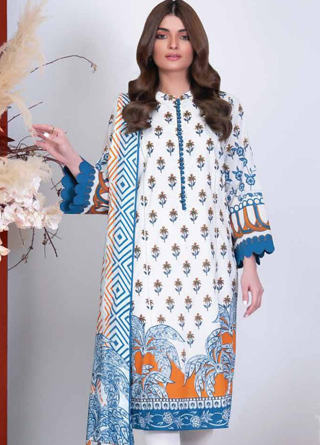 Al Karam Printed Cambric Suits Unstitched 3 Piece AK21MS-MS-09-21-White - Summer Collection