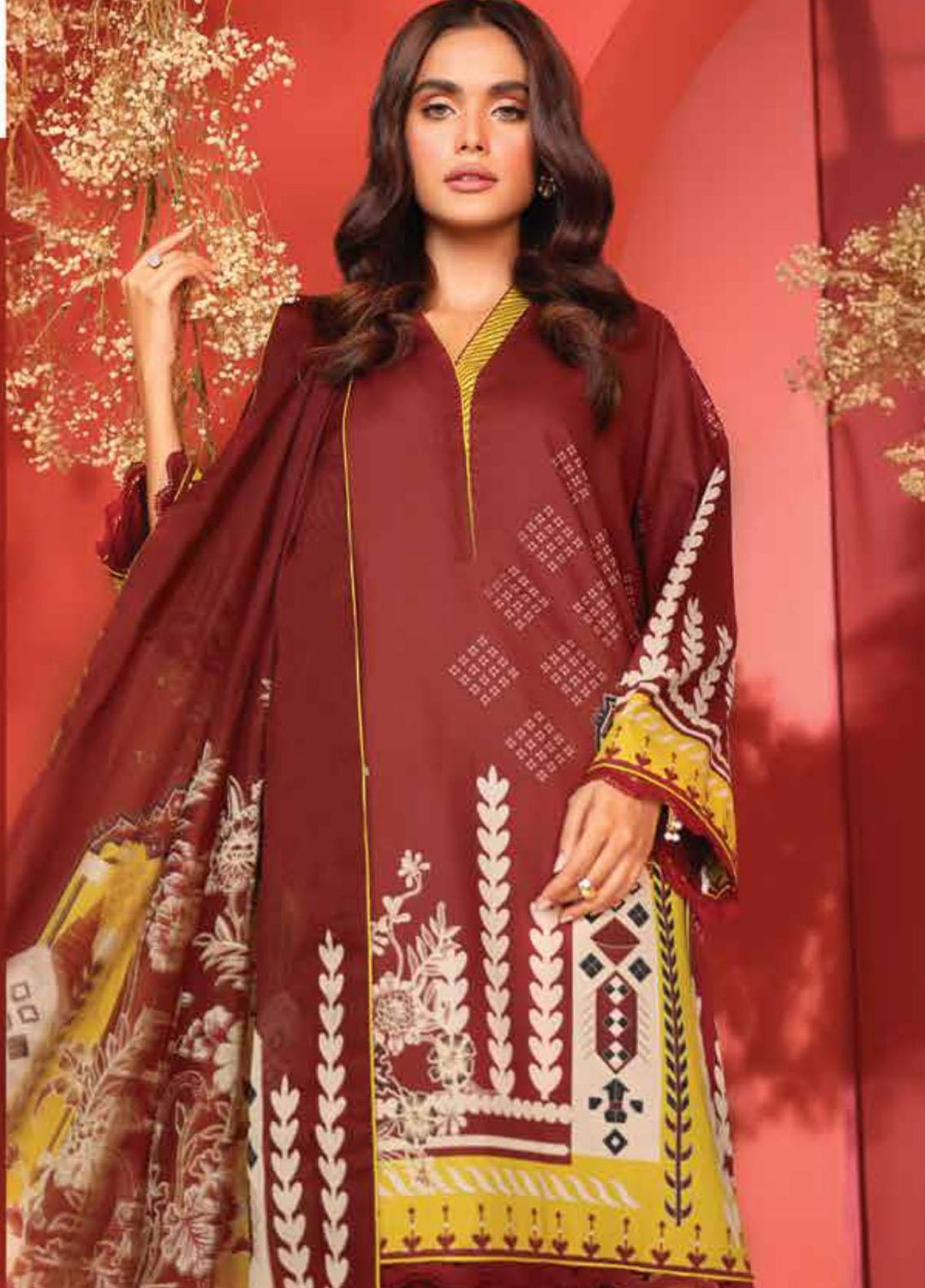 Al Karam Printed Cambric Suits Unstitched 2 Piece AK21MS-MS-14-21-Maroon - Summer Collection