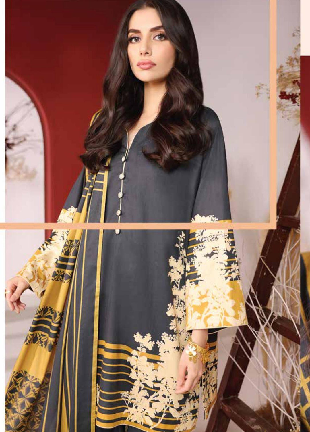 Al Karam Printed Broshia Suits Unstitched 2 Piece AK21MS-MS-16.1-21-Black - Summer Collection