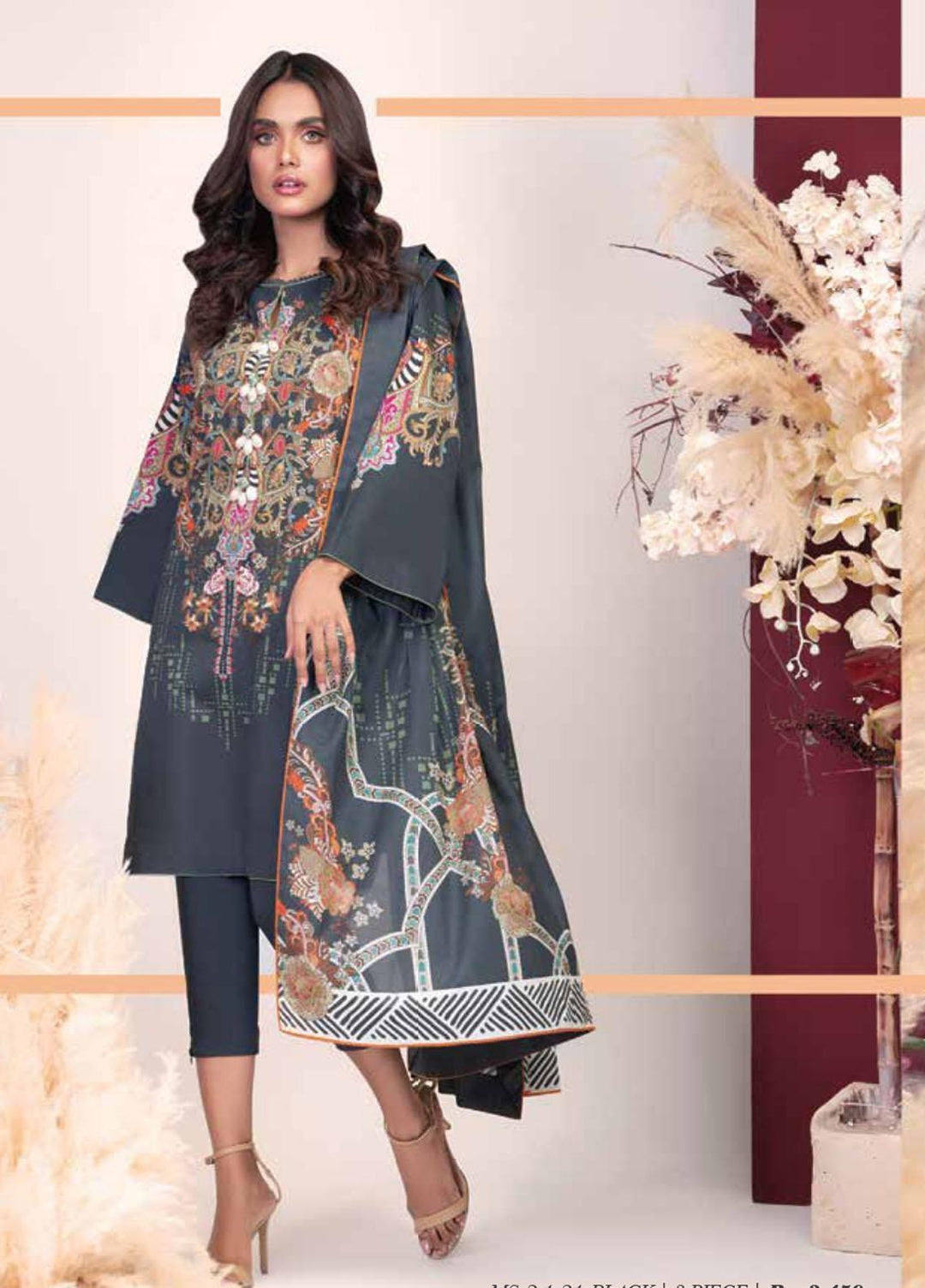 Al Karam Printed Cambric Suits Unstitched 3 Piece AK21MS-MS-2.1-21-Black - Summer Collection