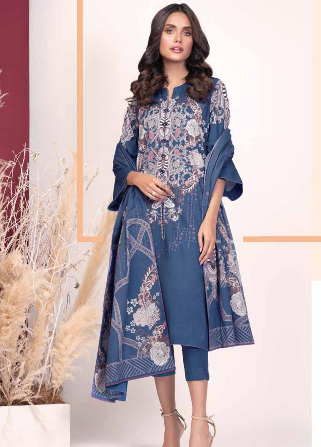 Al Karam Printed Cambric Suits Unstitched 3 Piece AK21MS-MS-2.1-21-Blue - Summer Collection