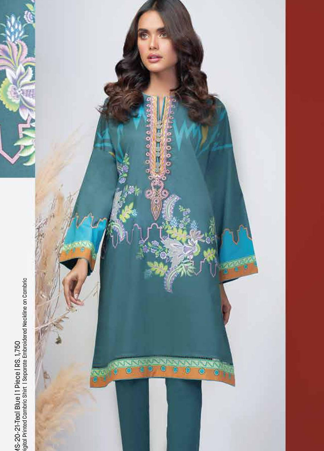 Al Karam Embroidered Cambric  Unstitched Shirt AK21MS-MS-20-21-Teal Blue - Summer Collection