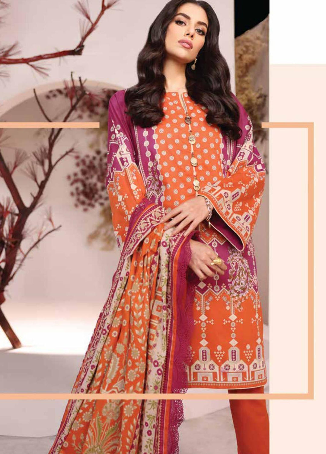 Al Karam Printed Cambric Suits Unstitched 3 Piece AK21MS-MS-21.1-21-Rust - Summer Collection