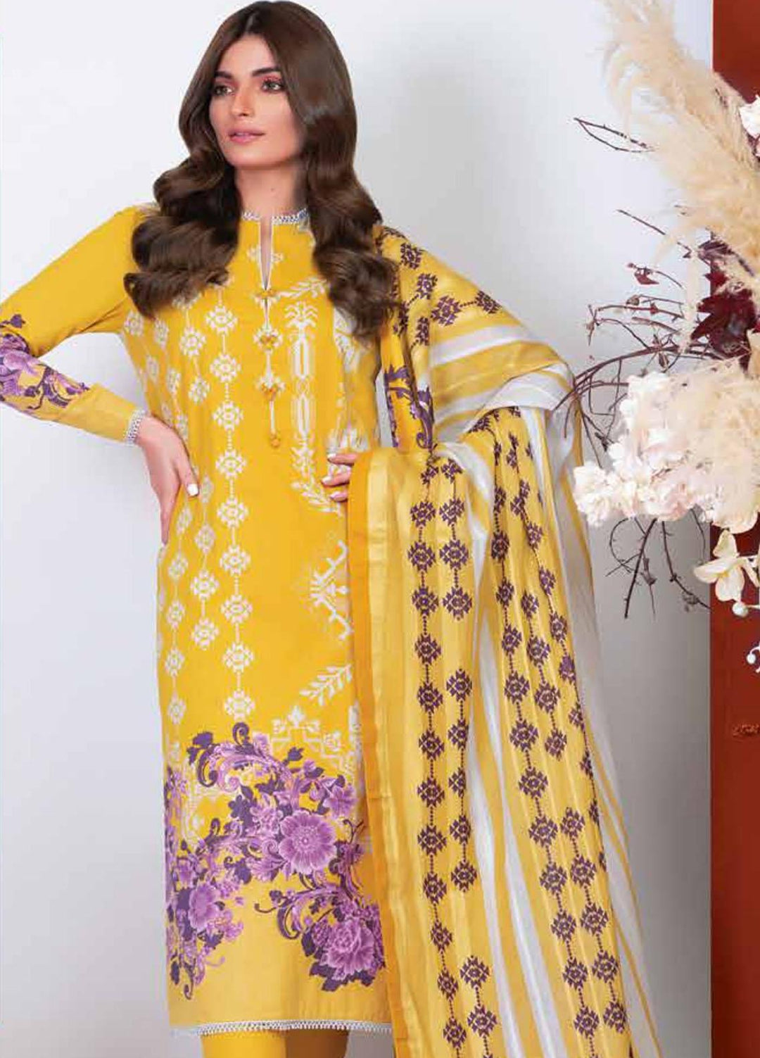 Al Karam Printed Cambric Suits Unstitched 3 Piece AK21MS-MS-23-21-Mustard - Summer Collection