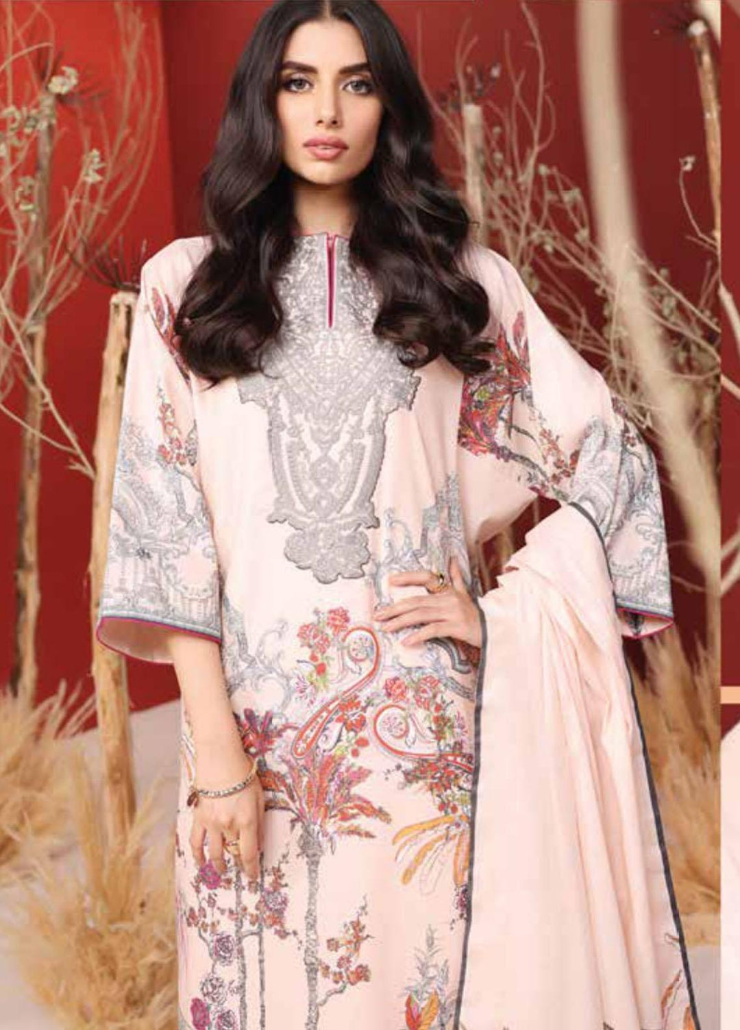 Al Karam Embroidered Cambric Suits Unstitched 3 Piece AK21MS-MS-6.1-21-Peach - Summer Collection