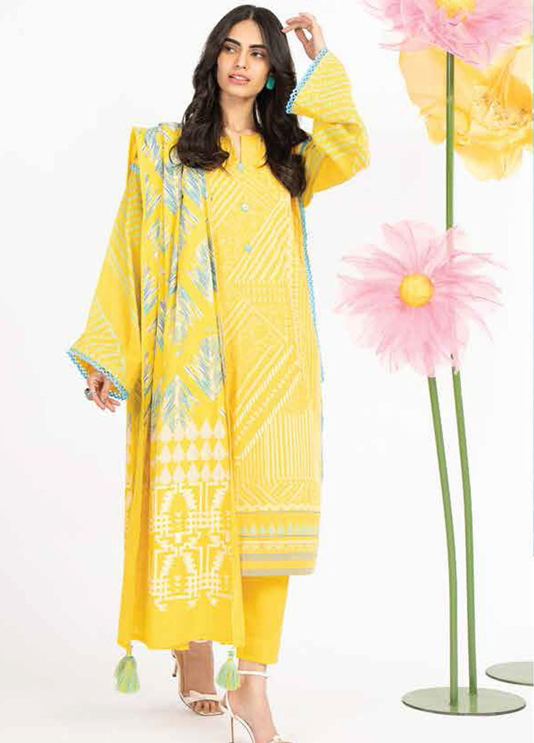 Al Karam Printed Lawn Suits Unstitched 3 Piece AK23SSL SS-43-23-Yellow - Summer Collection
