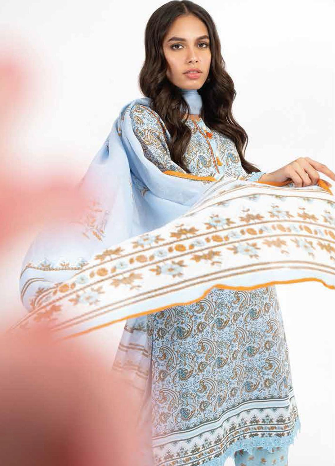 Al Karam Printed Lawn Suits Unstitched 3 Piece AK23SSL SS-29.1-23-Light Blue - Summer Collection