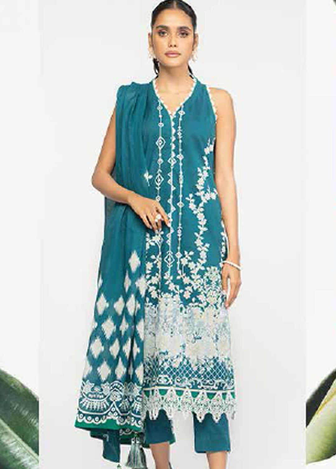 Al Karam Lawn Suits Unstitched 3 Piece AK22-SS3 SS-32.1-22-3 Teal - Spring / Summer Collection