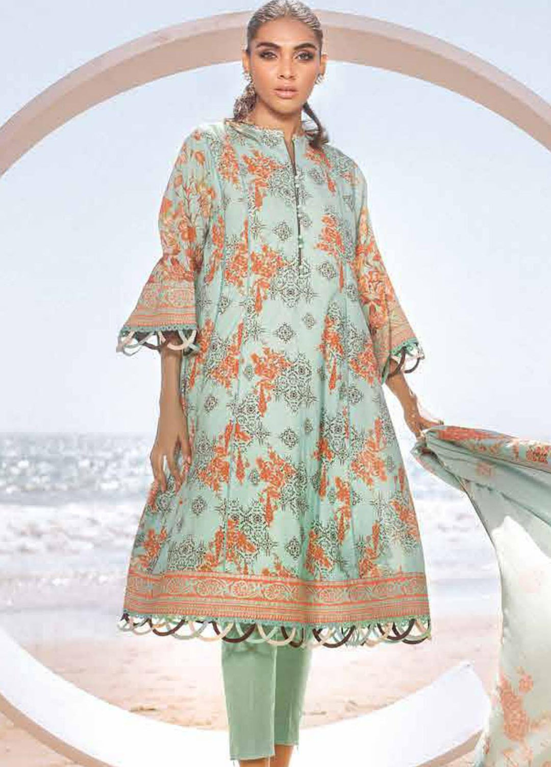 Al Karam Printed Lawn Suits Unstitched 3 Piece AK21S-2 SS-14.1-21-2-Sea Green - Summer Collection