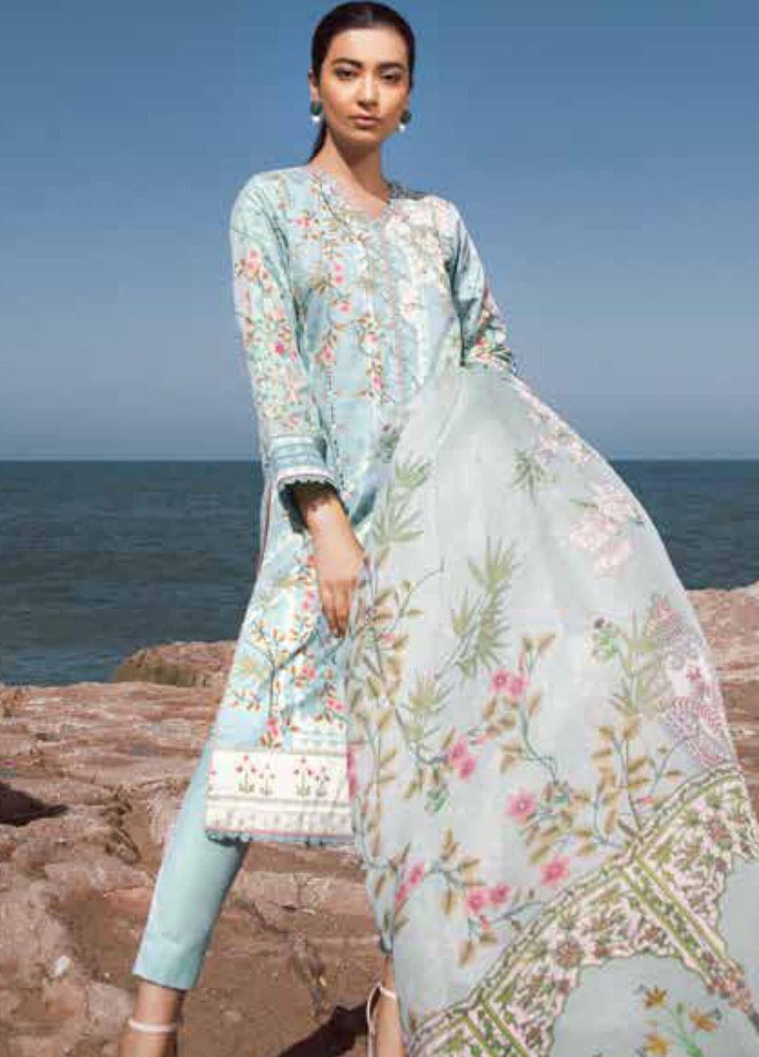 Al Karam Printed Lawn Suits Unstitched 3 Piece AK21S-2 SS-2.1-21-2-Aqua - Summer Collection