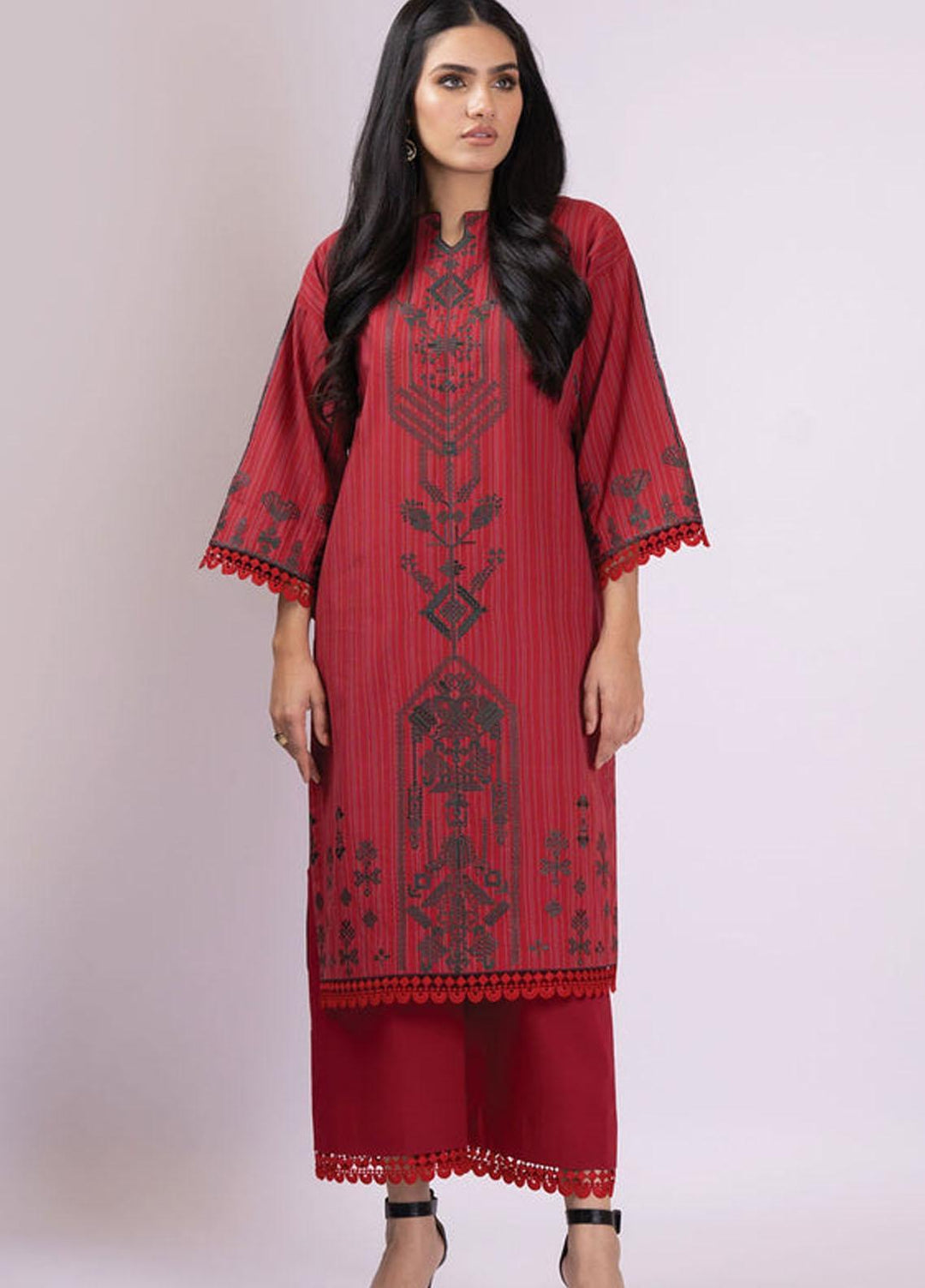 Al Karam Embroidered Yarn Suits Unstitched 2 Piece AK22S SS-44.1-22 Red - Summer Collection