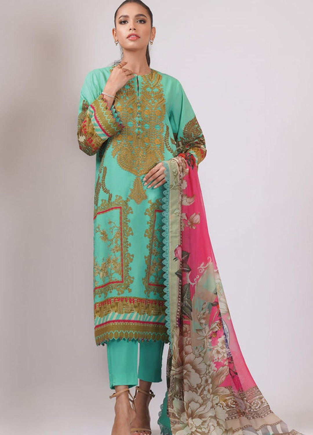 Al Karam Embroidered Lawn Suits Unstitched 3 Piece AK22S SS-12-22 Mint Green - Summer Collection