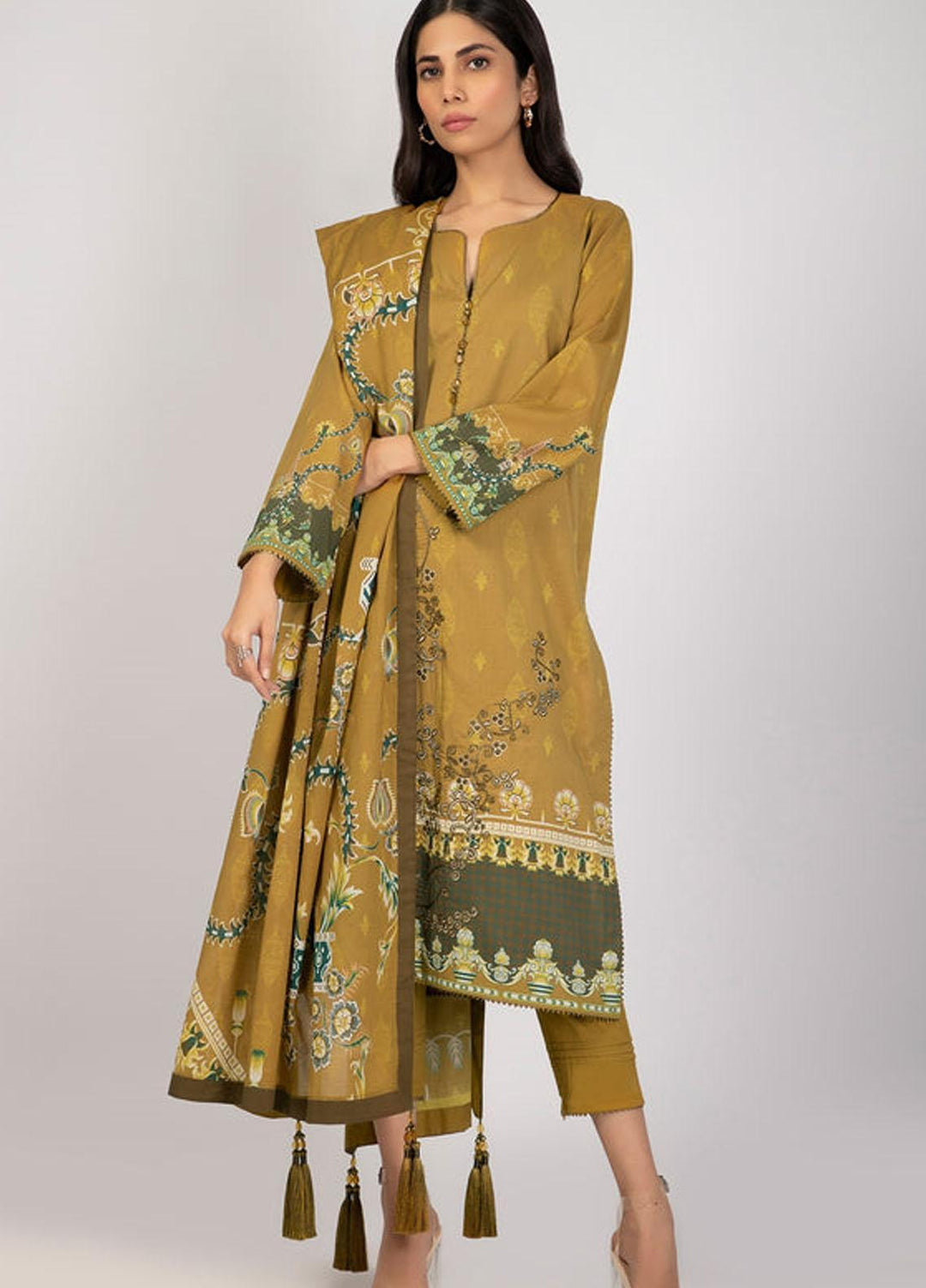 Al Karam Embroidered Lawn Suits Unstitched 3 Piece AK22S SS-3.1-22 Olive - Summer Collection