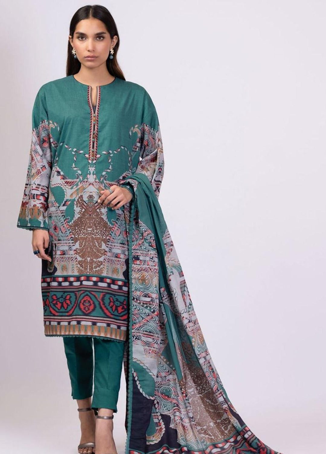Al Karam Printed Lawn Suits Unstitched 3 Piece AK22S SS-15-22 Teal - Summer Collection