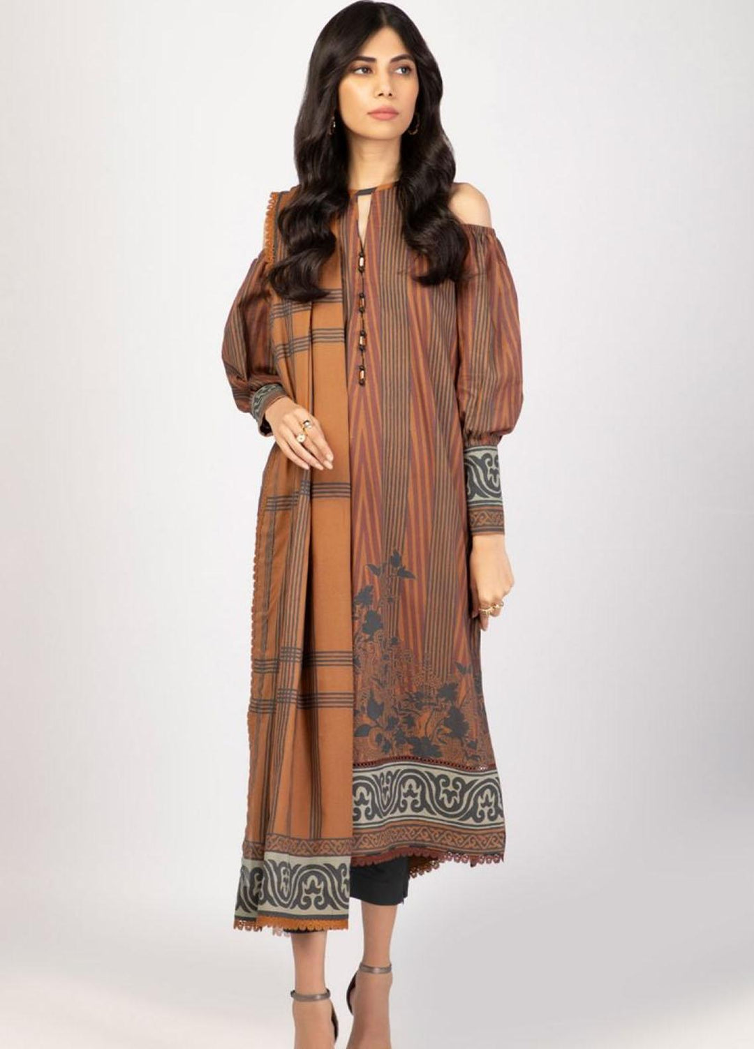 Al Karam Printed Lawn Suits Unstitched 3 Piece AK22S SS-23-22 Rust - Summer Collection