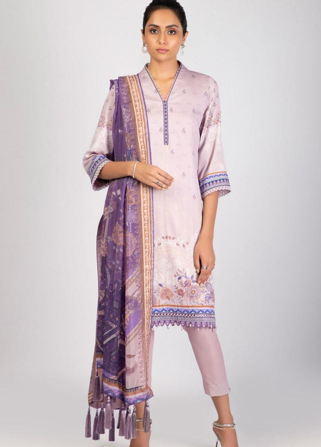 Al Karam Printed Satin Suits Unstitched 3 Piece AK22S SS-25.1-22 Lilac - Summer Collection