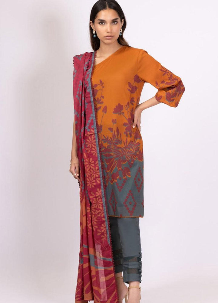 Al Karam Printed Lawn Suits Unstitched 2 Piece AK22S SS-46-22 Rust - Summer Collection