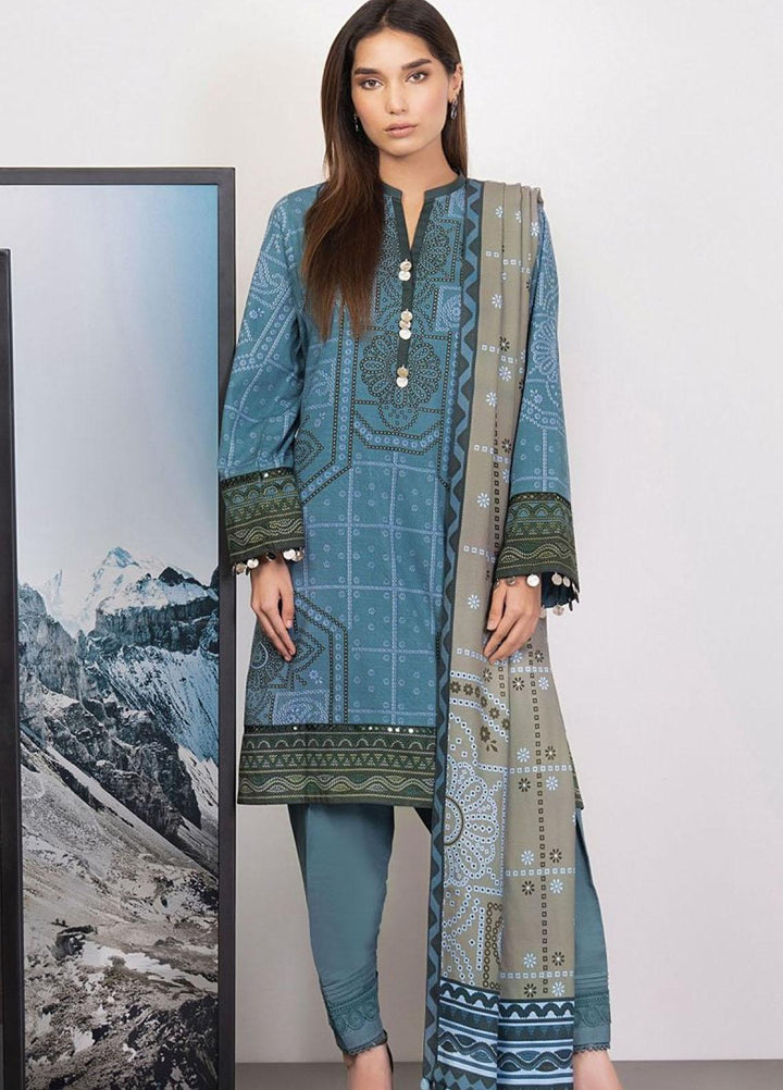 Al Karam Printed Khaddar Suits Unstitched 3 Piece AK21W FW-27.1-21-Blue - Winter Collection