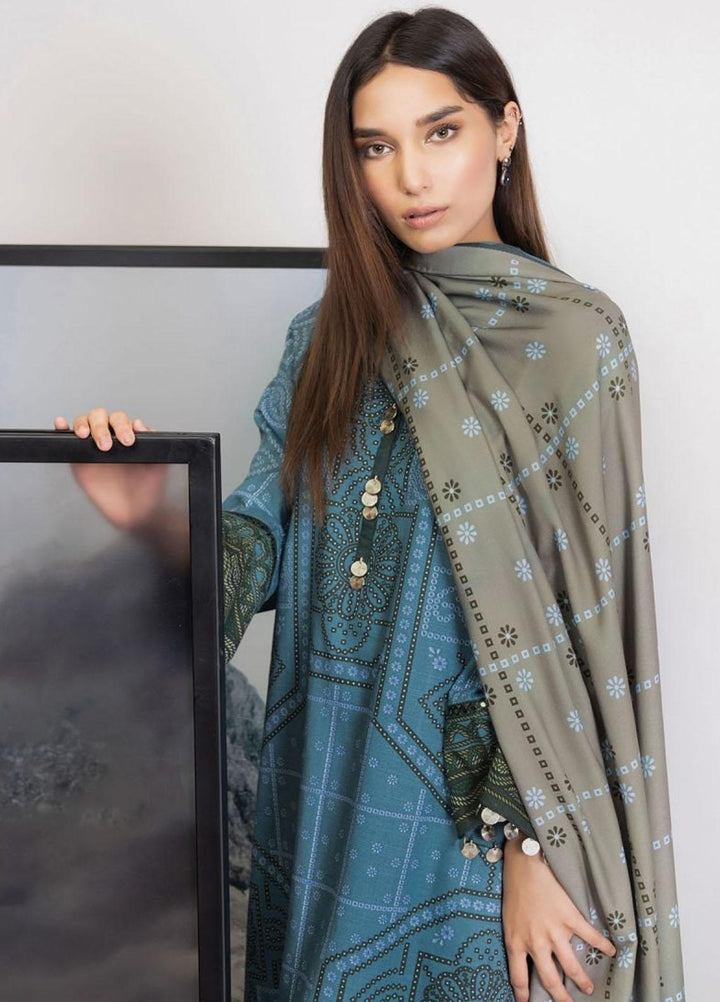 Al Karam Printed Khaddar Suits Unstitched 3 Piece AK21W FW-27.1-21-Blue - Winter Collection
