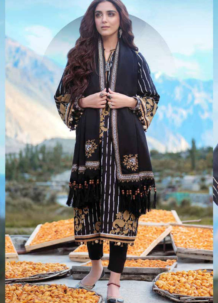 Al Karam Printed Khaddar Suits Unstitched 3 Piece AK21W FW-19-21 Black - Winter Collection