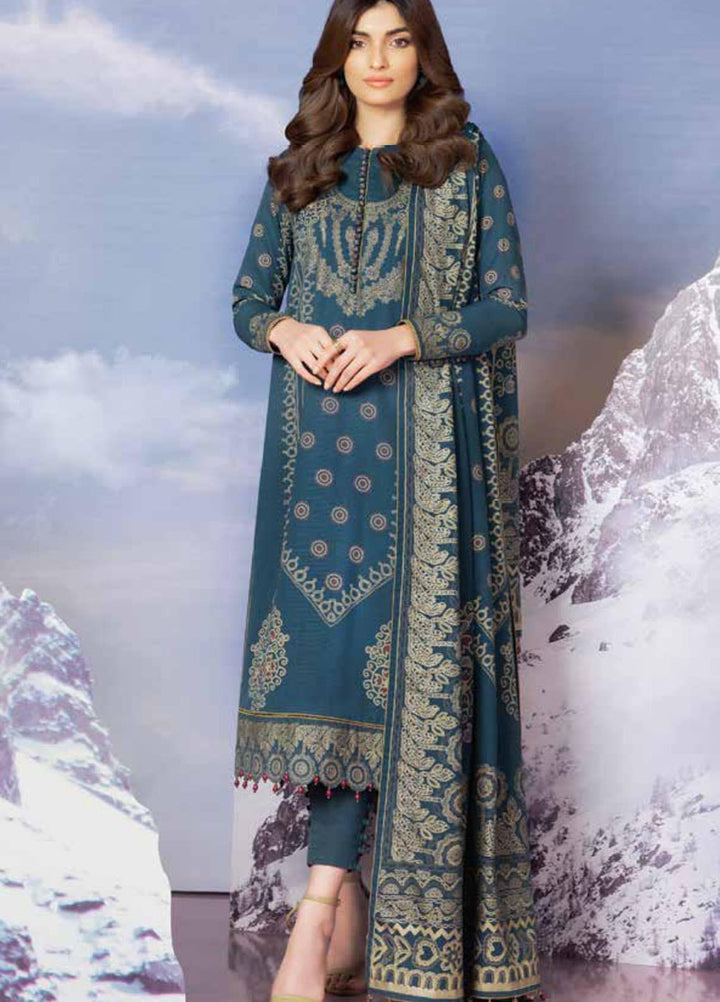 Al Karam Printed Khaddar Suits Unstitched 2 Piece AK21W FW-40-21 Teal - Winter Collection