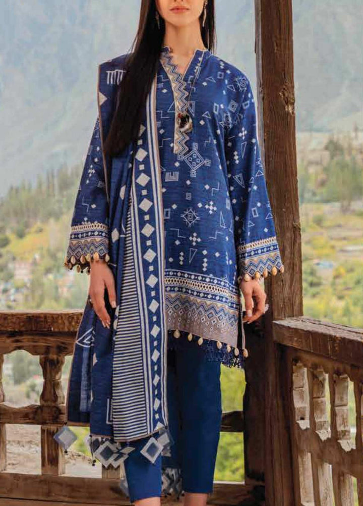 Al Karam Printed Khaddar Suits Unstitched 3 Piece AK21W FW-40.1-21 Blue - Winter Collection