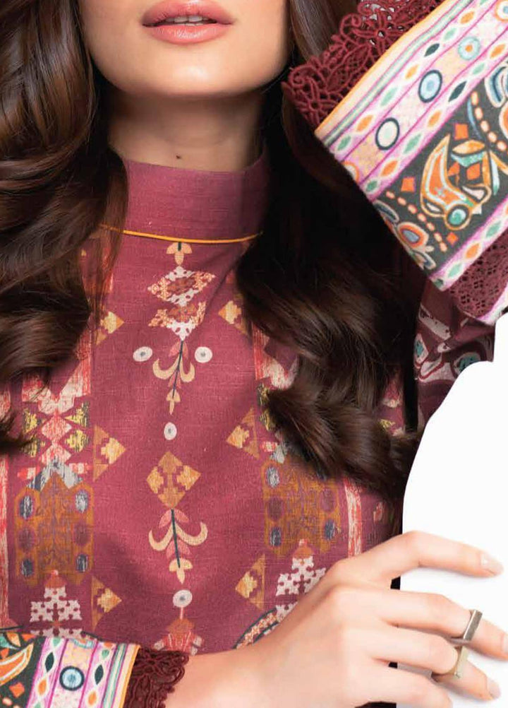 Al Karam Printed Khaddar  Unstitched Kurti AK21W FW-44.1-21 Maroon - Winter Collection