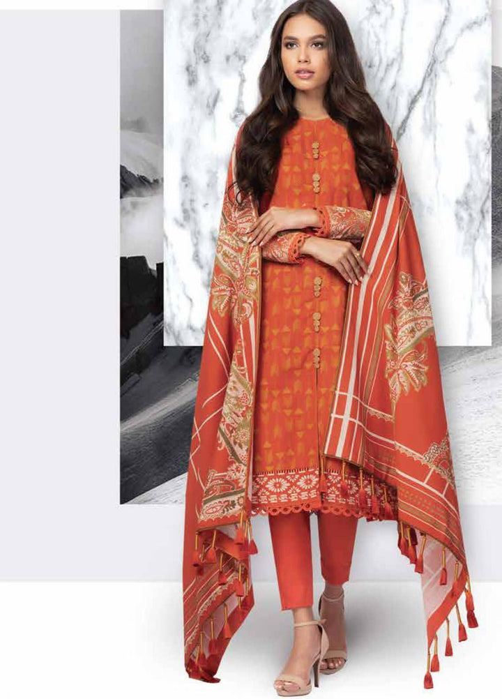 Al Karam Printed Khaddar Suits Unstitched 3 Piece AK21W FW-5.1-21 Orange - Winter Collection