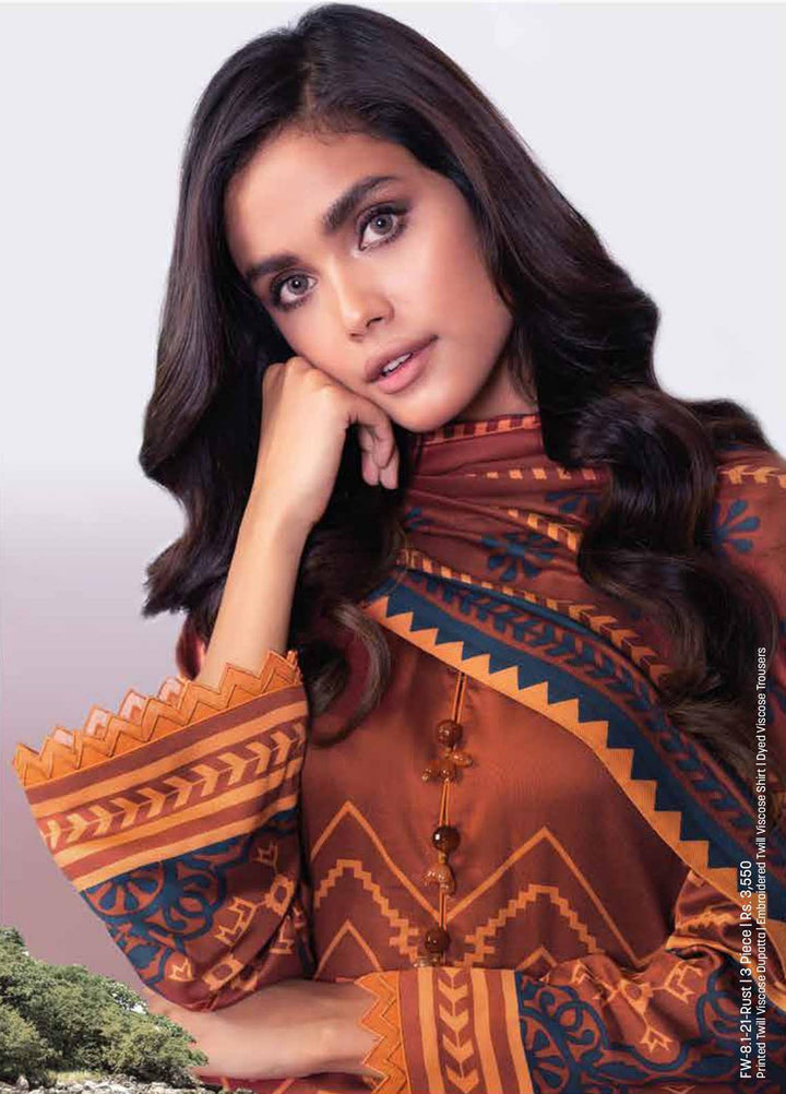 Al Karam Embroidered Twill Viscose Suits Unstitched 3 Piece AK21W FW-8.1-21 Rust - Winter Collection