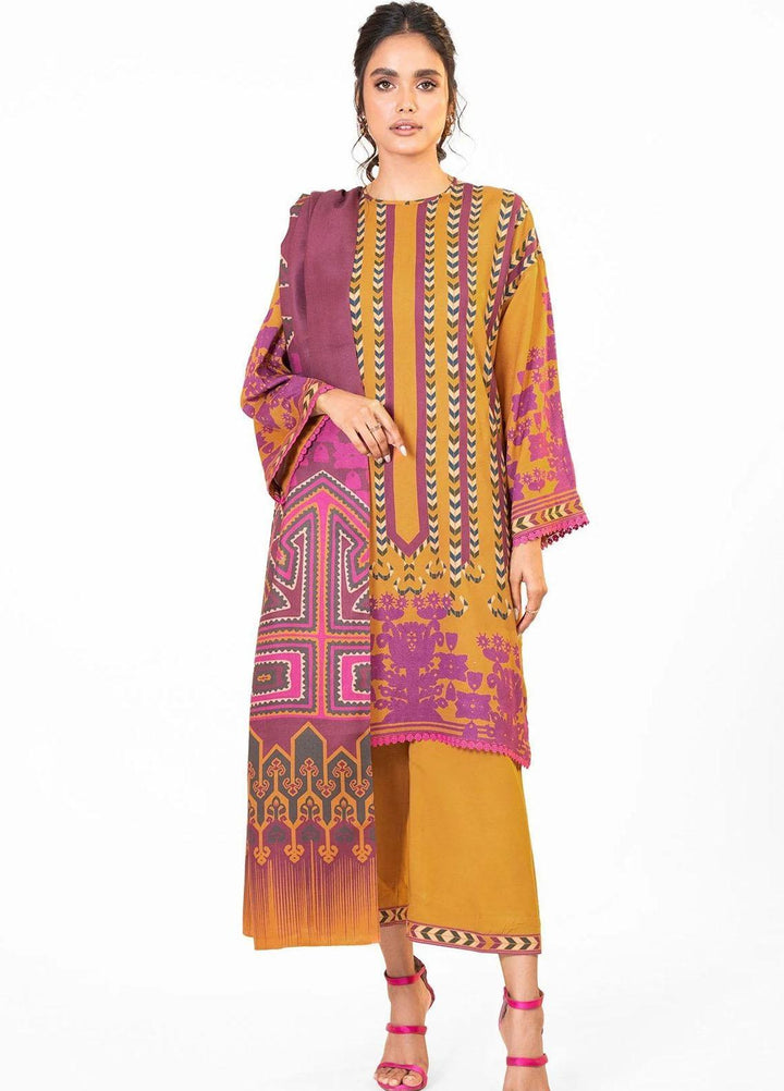 Al Karam Printed Viscose Suits Unstitched 3 Piece AK22FW FW-11-22-Mustard Yellow - Winter Collection