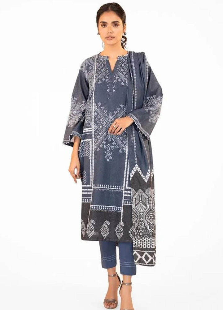 Al Karam Printed Karandi Suits Unstitched 3 Piece AK22FW FW-23-22-Blue - Winter Collection