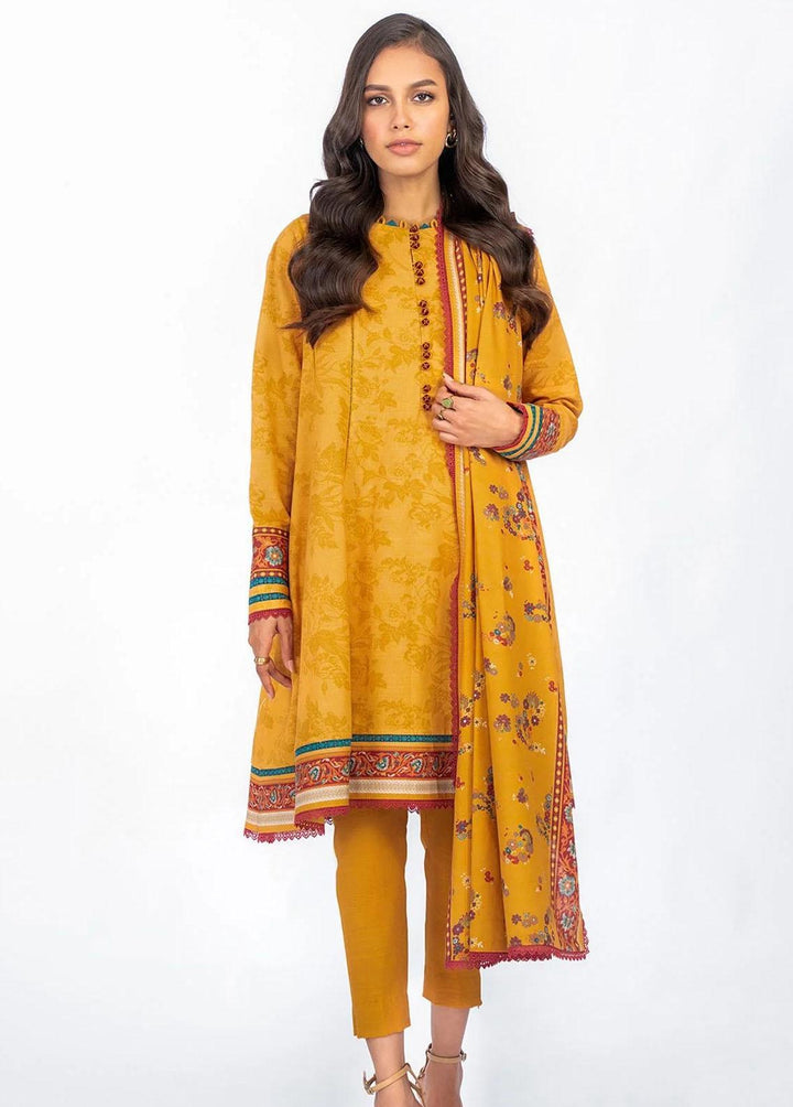 Al Karam Printed Khaddar Suits Unstitched 3 Piece AK22W FW-14.1-22-Mustard - Winter Collection