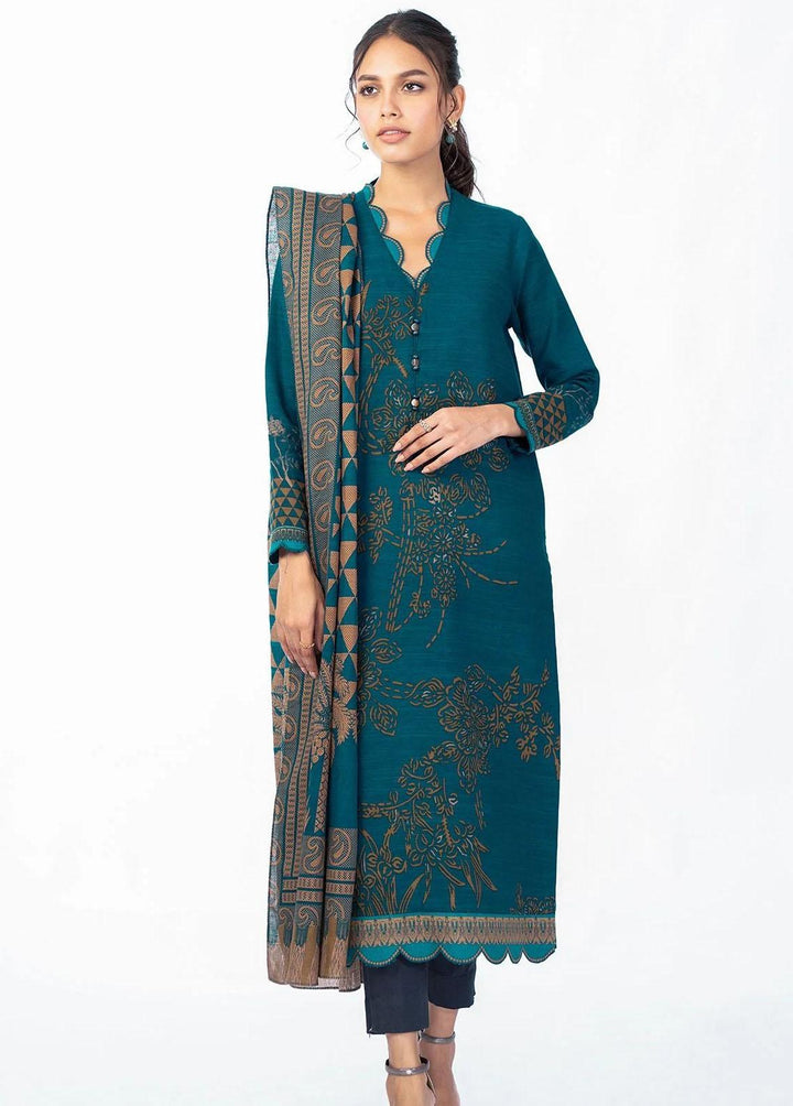 Al Karam Printed Khaddar Suits Unstitched 3 Piece AK22W FW-15-22-Teal - Winter Collection